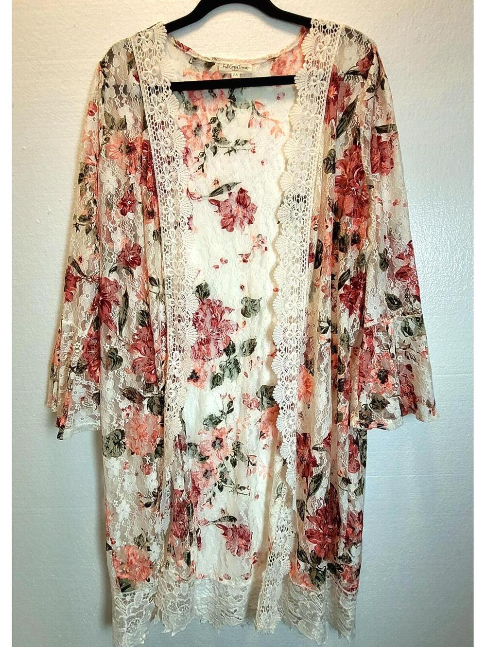 Cream Pink Floral Lace Cardigan Topper Size 2X